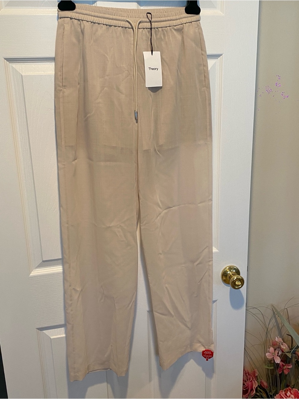 NWT Theory Drawcord Pull-On Lightweight Wool Pants Sand Petite P MSRP $315